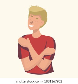 Self love concept. white man hugging herself. vector illustration