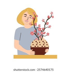 Self love concept with woman holding blossoming cherry tree in pot for relaxation and mindfulness.