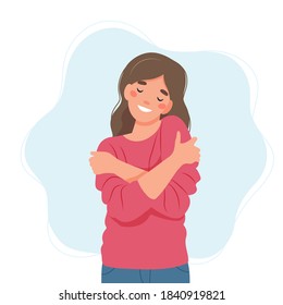 Self love concept, woman hugging herself, vector illustration in flat style