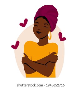 Self love concept, woman hugging herself. Love yourself. Love your body concept. Girl Healthcare Skincare. Take time for your self. African, American Woman hugging herself with hearts.Multi-ethnic