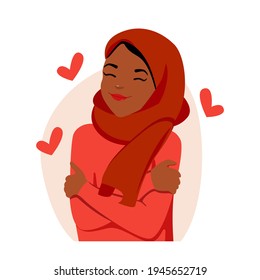 Self love concept, woman hugging herself. Love yourself. Love your body concept. Girl Healthcare Skincare. Take time for your self. Arab, Asian Woman. Woman hugging herself with hearts.Multi-ethnic 