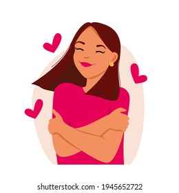 Self love concept, woman hugging herself. Love yourself. Love your body concept. Girl Healthcare Skincare. Take time for your self. Vector illustration. Woman hugging herself with hearts. Multi-ethnic