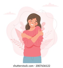 Self love concept, woman hugging herself, vector illustration in flat style