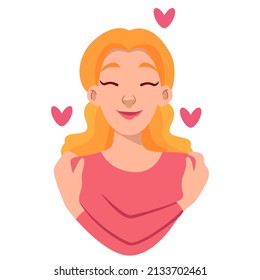 Self love concept, woman hugging herself. Love yourself. Love your body concept. Girl Healthcare Skincare. Take time for your self. Vector illustration. Woman hugging herself with hearts 