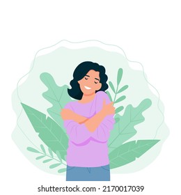 Self love concept, woman hugging herself, vector illustration in flat style