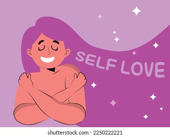 Self love concept, woman hugging herself. Love yourself. Love your body concept.