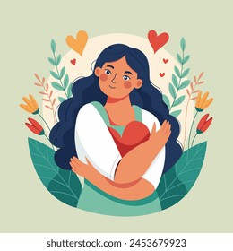 Self love concept, woman hugging herself. Love yourself. Love your body concept. Girl Healthcare Skincare. Take time for your self. Vector illustration. Woman hugging herself with hearts. Multi-ethnic