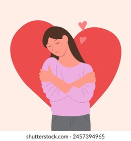 Self love concept, woman hugging herself. Love yourself. Love your body concept. Girl Healthcare Skincare. Woman hugging herself with hearts. Vector illustration. 