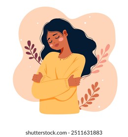 Self love concept, woman hugging herself, vector illustration in flat style