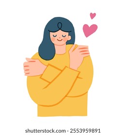 Self love concept, woman hugging herself. Love yourself. Love your body concept. Girl Healthcare Skincare. Take time for your self. Vector illustration.