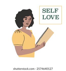 Self love concept with woman reading for personal growth and wellbeing.