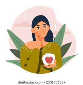 Self love concept. Woman stands with heart in her hands. Positive psychology and optimism, mental health. Confidence and selfacceptance. Inner harmony and balance. Cartoon flat vector illustration