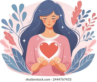 Self love concept. Woman stands with heart in her hands. Positive psychology and optimism, mental health. Confidence and selfacceptance. Inner harmony and balance. Cartoon flat vector illustration