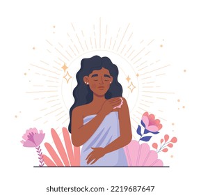 Self love concept. Woman in towel hugs herself. Positivity and potimism. Psychology and mental health. Aesthetics, elegance and beauty. Young girl with flowers. Cartoon flat vector illustration