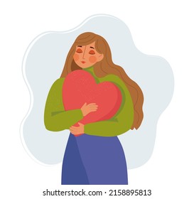 Self love concept. Young female character holds and hugs a big heart. Self pride, self-acceptance, personal image and confidence concept vector illustration. Positive self-image, self-concept, esteem.