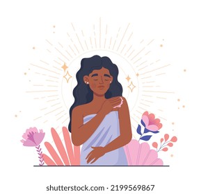 Self love concept. Young girl in towels hugs herself. Body positive, self acceptance, optimism. Mental health and psychology, awareness. Self esteem and confidence. Cartoon flat vector illustration