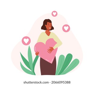 Self love concept. Young woman hugs big pink heart. Metaphor for self acceptance and personal development. Character takes care of his mental health. Cartoon contemporary flat vector illustration