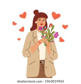 Self love concept. Love yourself, woman hold flowers. Season bouquet, girl with flying hearts. Isolated cute stylish female vector character
