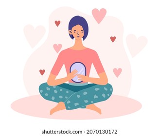 Self love confidence. Girl sits in lotus position and looks at her appearance. Selfsatisfaction, beauty. Mental health, confidence, inner strength, positive character. Cartoon flat vector illustration