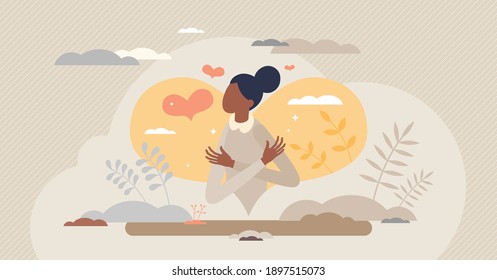 Self love confidence as hug yourself and be proud female tiny person concept. Inner mental acceptance as proud and caring woman vector illustration. Body esteem and positive attitude to herself ego.