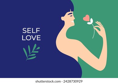 Plantilla de diseño de amor propio. Mujer feliz sosteniendo flor en forma de corazón floreciente. Cuidar de sí mismo, la salud corporal, el concepto de cuidado de belleza. Mujer sonriente disfrutando de amor propio. Póster, ilustración vectorial