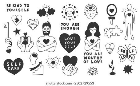 Self Love Doodles Set. Hand drawn collection of psychology and psychotherapy motivational phrases, symbols icons signs. Outline isolated vector illustration.