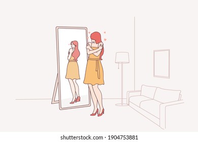 Self Love, Self Esteem Concept. Narcissist Woman Cartoon Character Standing At Mirror And Looking At Reflection Feeling Proud Hugging Herself Vector Illustration 