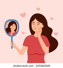 Ilustración vectorial de concepto autoamor o autoestima. Mujer sonriente sosteniendo el espejo con felicidad.