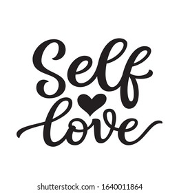 Self love. Hand drawn motivational quote. Black text on a white background with a heart shape. Vector typography for t shirts, posters, stickers, mugs, apparel