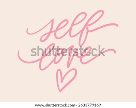 Self love, hand written calligraphy with a heart, isolated on cream color background