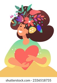 Self love. Happy woman with big heart. Beautiful black girl with flowers. Self care. Mental health illustration. I love you! Wreath on head. Mother's day. Love you, Mom. Pink, red love sign in hands.