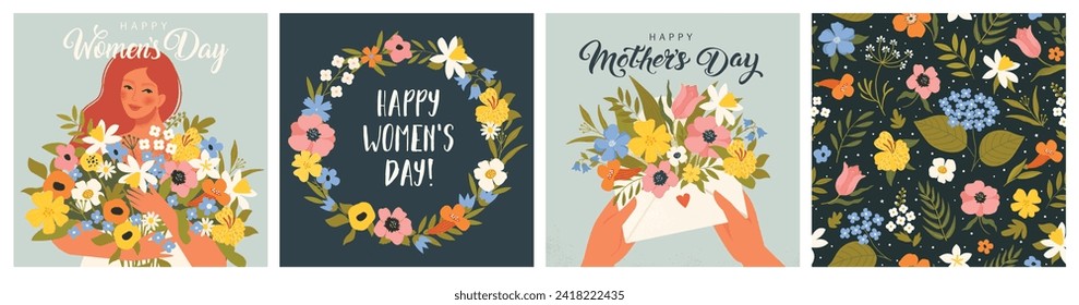 Self Love Happy Women's Day March 8! Cute cards and posters for the spring holiday. Vector illustration of a date, a woman hands hold a spring bouquet of flowers