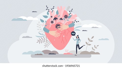 Self love with heart hug as mental healthcare and esteem tiny person concept. Holding yourself and be proud about body, inner peace and acceptance vector illustration. Female confidence with harmony.