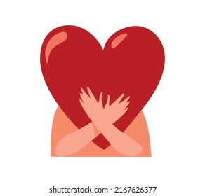 Self love icon, self care and support, mental health. Psychological banner, man hugging a big heart. Symbol for psychologist, therapy for teenagers. Vector illustration.