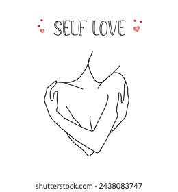 Self love. Line art. Love yourself. Love your body concept. Self care, body positive concept. Illustration of International Women's day. Vector postcard, valentines card.  Vector illustration. 