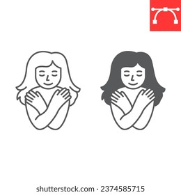 Self love line and glyph icon, self acceptance and mindfulness, young woman hugging herself. vector icon, vector graphics, editable stroke outline sign, eps 10.