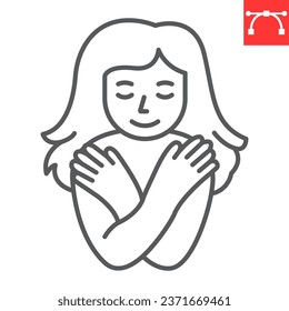 Self love line icon, self acceptance and mindfulness, young woman hugging herself. vector icon, vector graphics, editable stroke outline sign, eps 10.