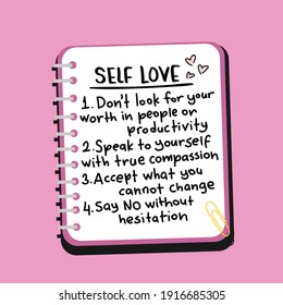 Self love list concept with slogan text and notebook cartoon drawing on pink design for fashion graphics and t shirt prints