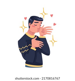 Self Love with Man Character Admiring Himself Delighted with His Appearance with Heart Around Vector Illustration