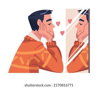 Self Love with Man Character Admiring Himself Looking in Mirror Delighted with His Appearance Reflection Vector Illustration