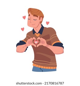 Self Love with Man Character Admiring Himself Delighted with His Appearance with Heart Around Vector Illustration
