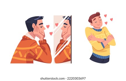 Self Love with Man Character Admiring Himself Looking in Mirror Delighted with His Appearance Reflection Vector Set