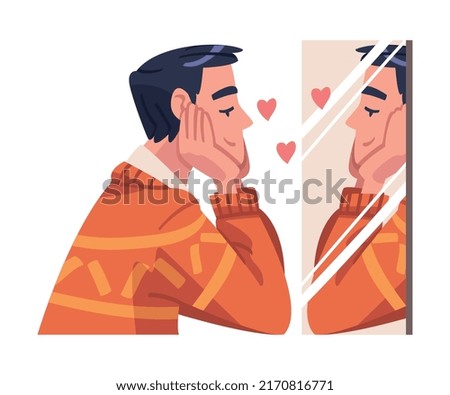 Self Love with Man Character Admiring Himself Looking in Mirror Delighted with His Appearance Reflection Vector Illustration