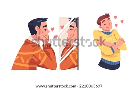 Self Love with Man Character Admiring Himself Looking in Mirror Delighted with His Appearance Reflection Vector Set