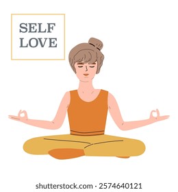 Self love meditation concept with woman practicing yoga for inner peace and wellness.