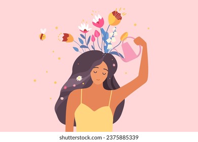 Amor propio, salud mental, optimismo vectorial ilustración. Caricatura de una joven feliz sosteniendo latas de agua para regar flores creciendo de la cabeza, a una chica optimista le importa el bienestar y el crecimiento personal