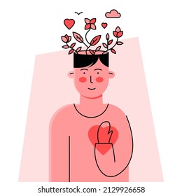 Self love  mental health  positive thinking   growth concept and young man being in touch and his heart   emotions  mind   thoughts  Flowers growing out his head as healthy mindset symbol 