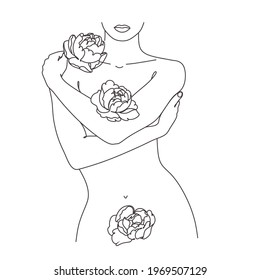 Self Love. Monimalist Woman Body with flowers. Abstract minimalistic female figure. Vector fashion illustration of the female body in a trendy linear style. Elegant art. For poster