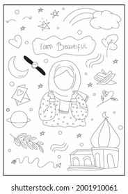 Self love motivation hijab kids doodles. llustration vector graphic of hijab kids Doodle  