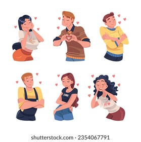 Self Love with People Character Admiring Themselves Delighted with Appearance Vector Set